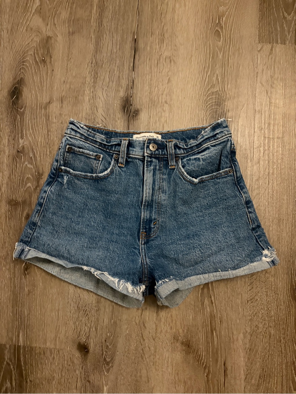 Abercrombie & Fitch Distressed Mid-High Rise Denim Shorts in Blue